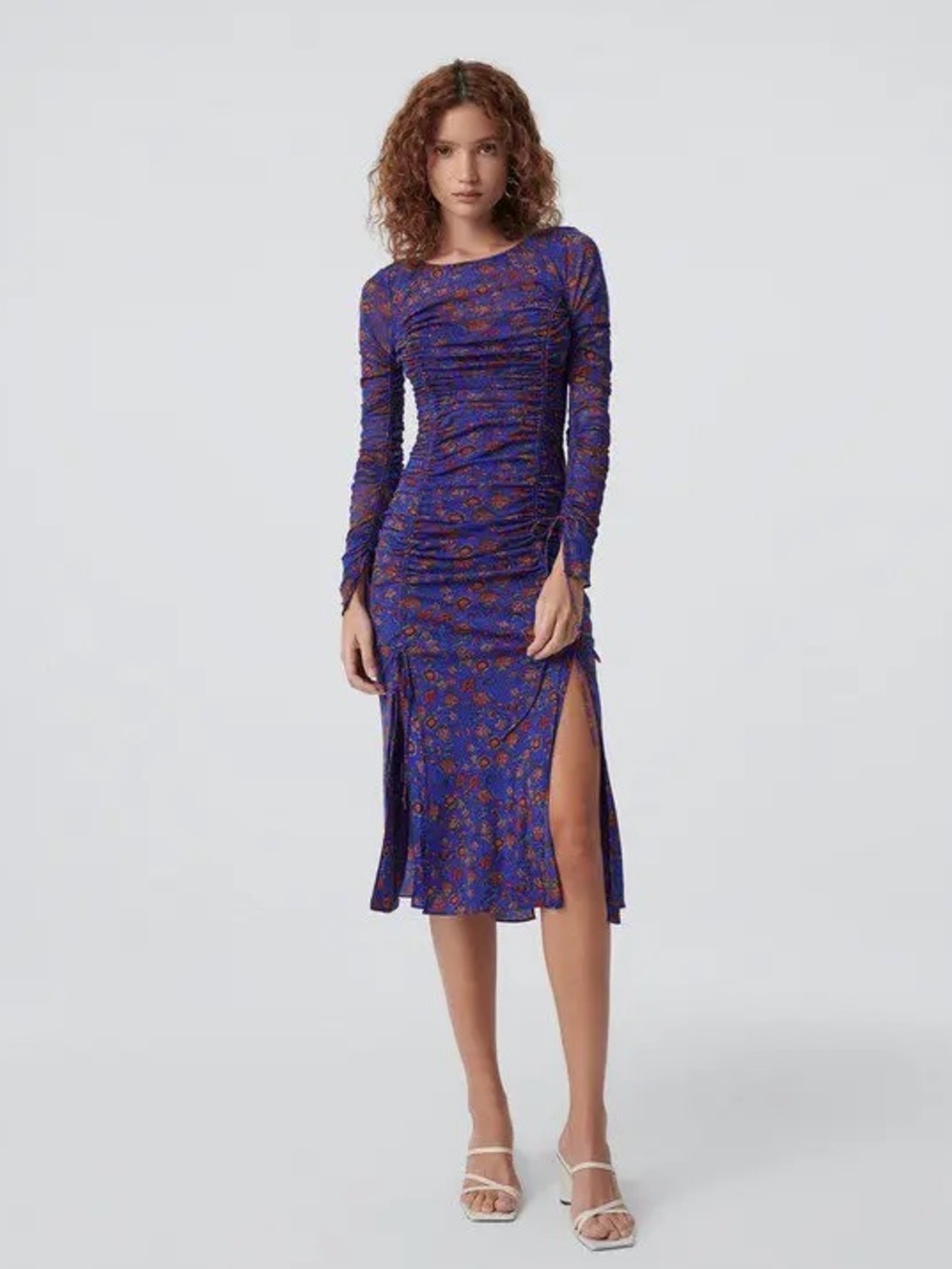 Diane Von Furstenberg Corinne Ruched Mesh Midi Dress in Punk Flower Blue Red S